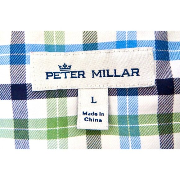 Peter Millar Cotton Plaid Long Sleeve Button Front Shirt Blue Green SZ L - Picture 5 of 6